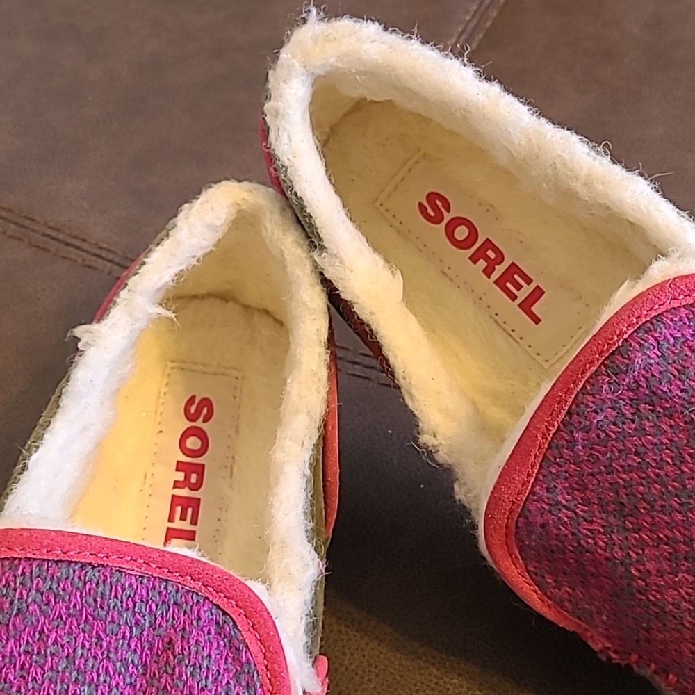 Sorel Tremblant II Pink Green Suede Furry Moccasins Slippers Wmn 10 Comfy Casual - Picture 5 of 9
